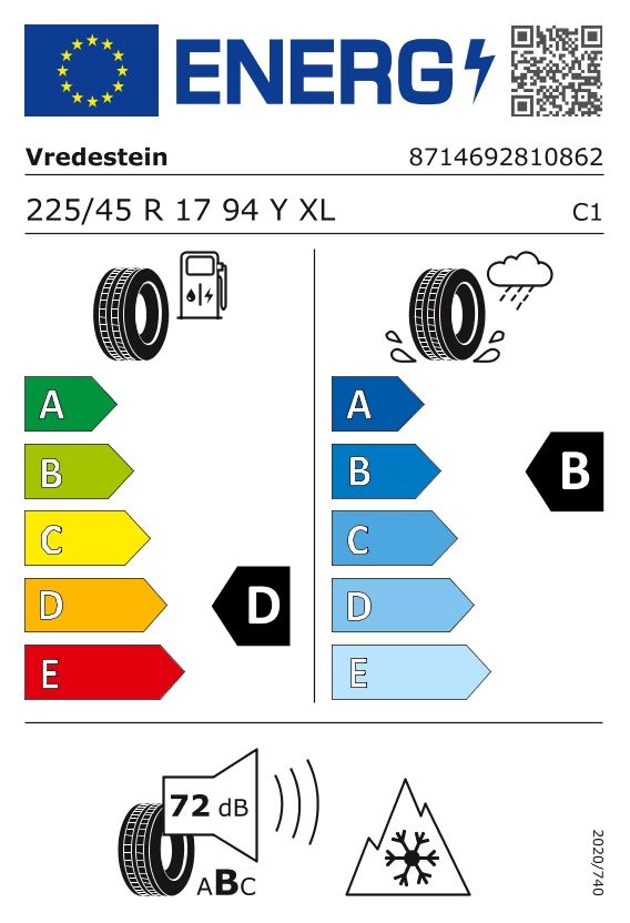 Etykieta dla VREDESTEIN 225/45 R17 Quatrac Pro+ 94Y